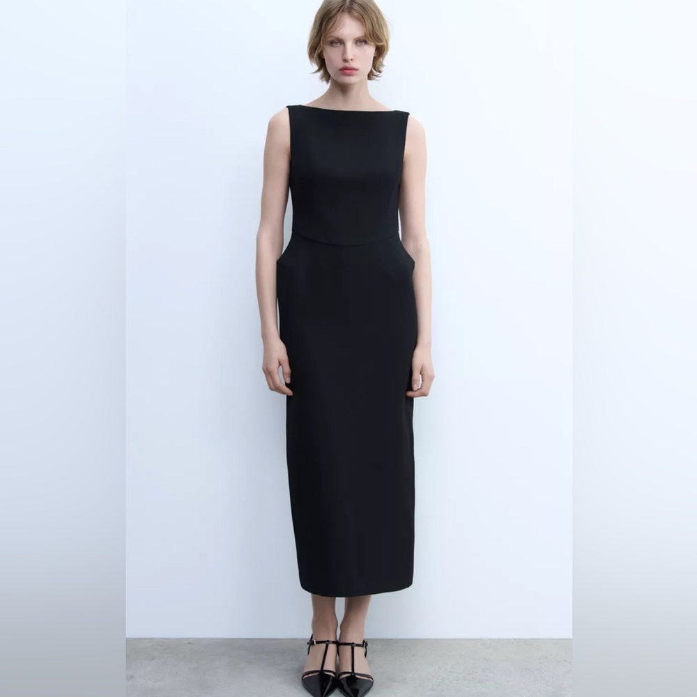 NWT Zara Black Slit Boat Neck Midi Dress Size L